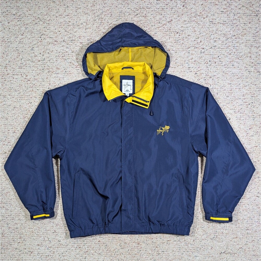 Guy Harvey Jacket Bluewater Windbreaker Mens XL Blue/Yellow Hooded Vented Marlin